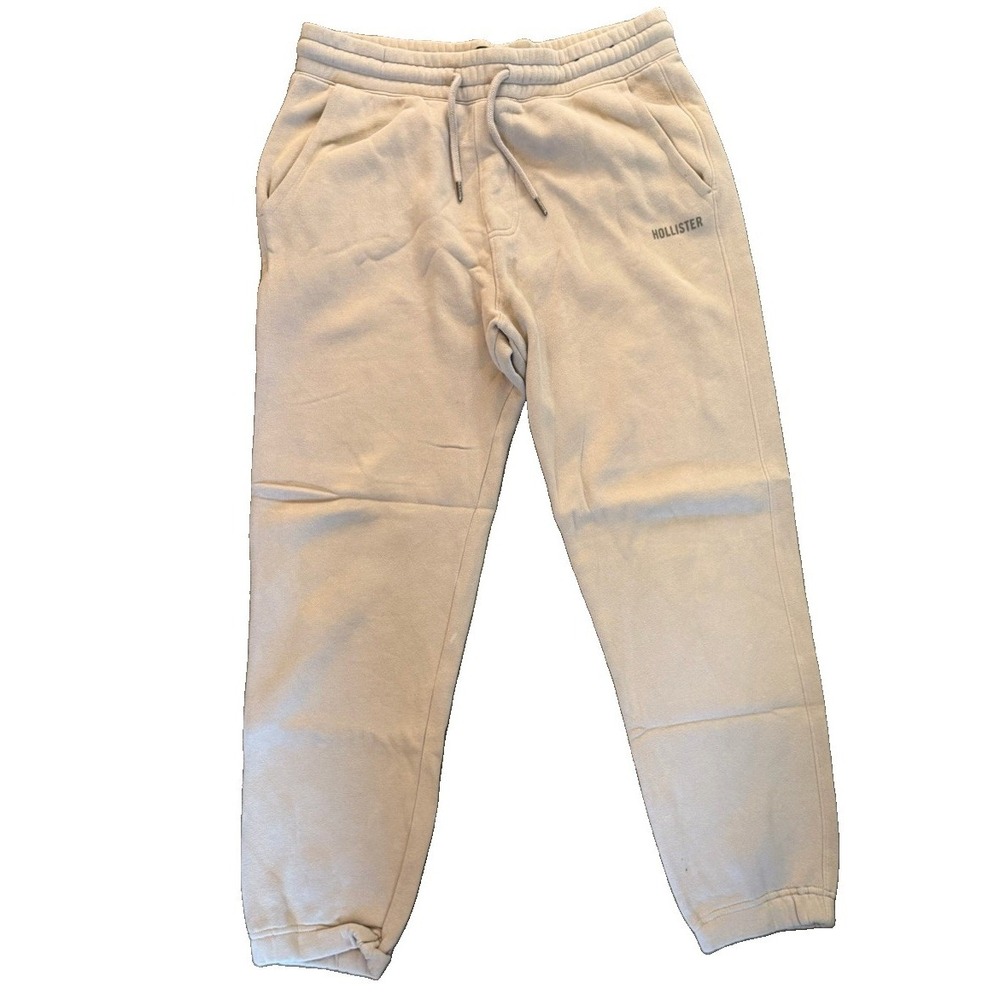Hollister Men's Jogger Sweatpants Size M Beige Fleece Drawstring Logo